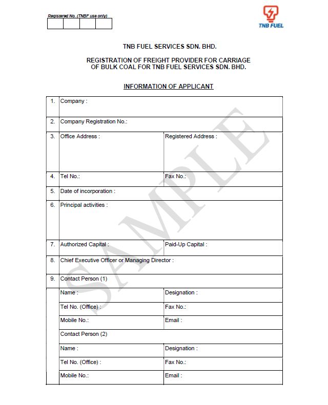 Registration of Freight Provider for Carriage of Bulk Coal for TNB Fuel Services Sdn Bhd
