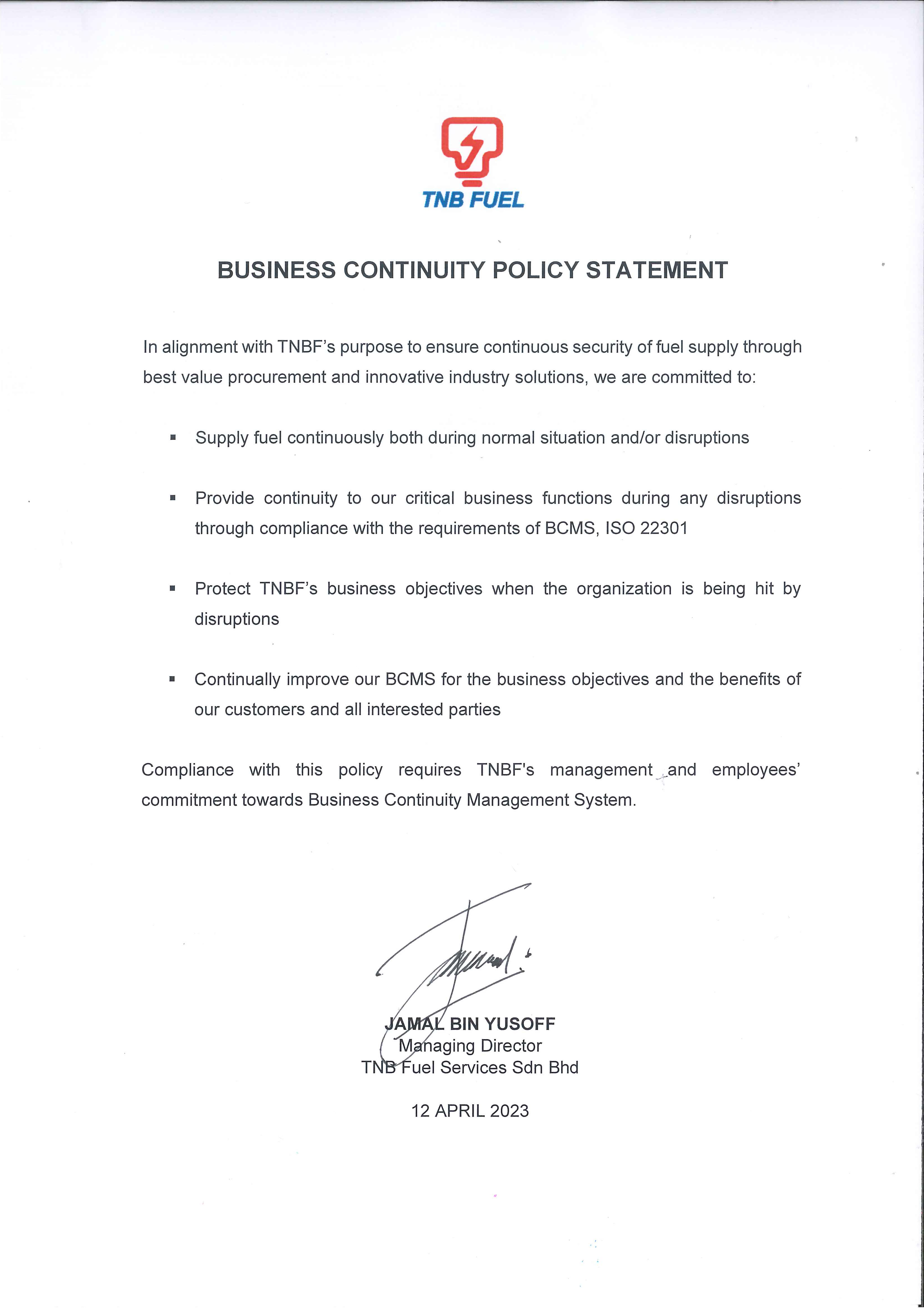Business Continuity Policy Statement